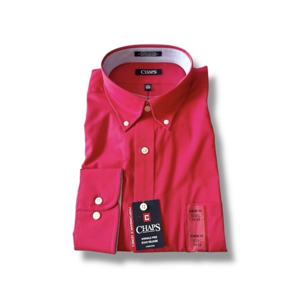 Chaps Red Long Sleeve Button-Down Shirt Stain Release Regular Men's 17-17 1/2